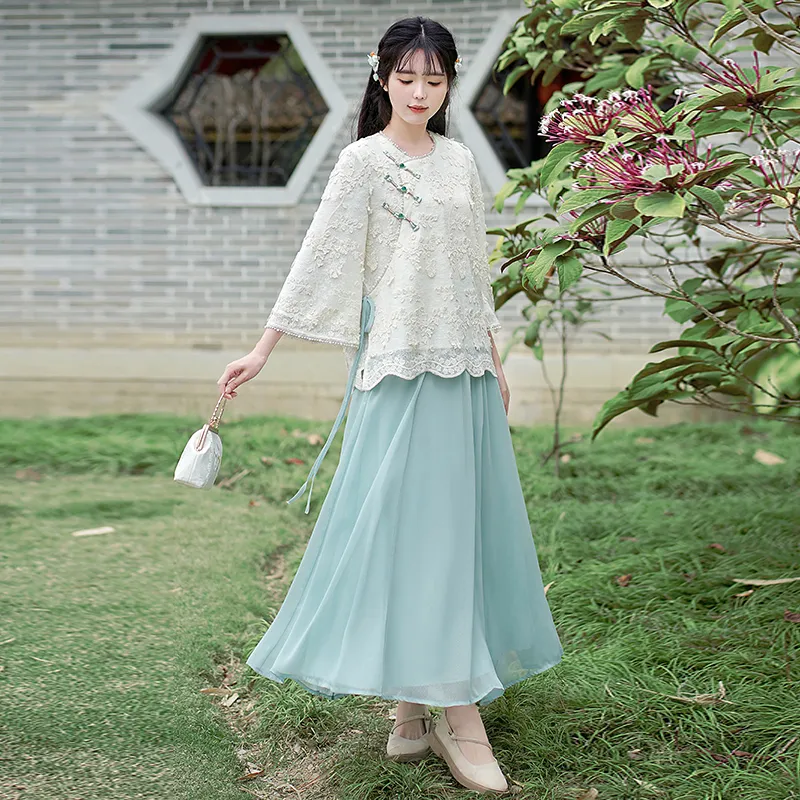 PLANE DRIFT Skirt Set Women's White Top + Blue Skirt-1