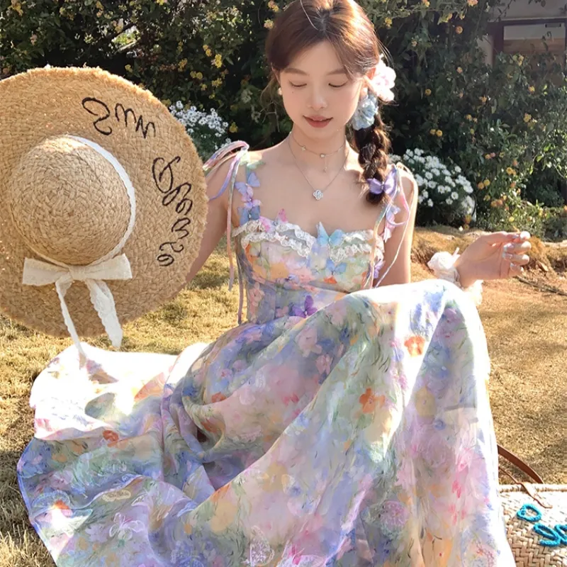 PLANE DRIFT Slip Dress Women's Oil Paintings Pink Blue-3
