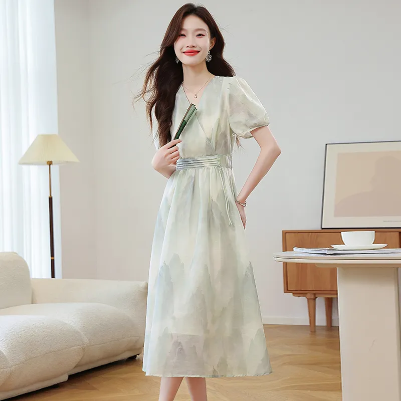 PLANE DRIFT Short Sleeved Dresses Women's Ash Gray With Floral Pattern-4