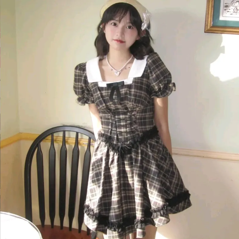 PLANE DRIFT Short Sleeved Dress Women's Plaid Skirt-3