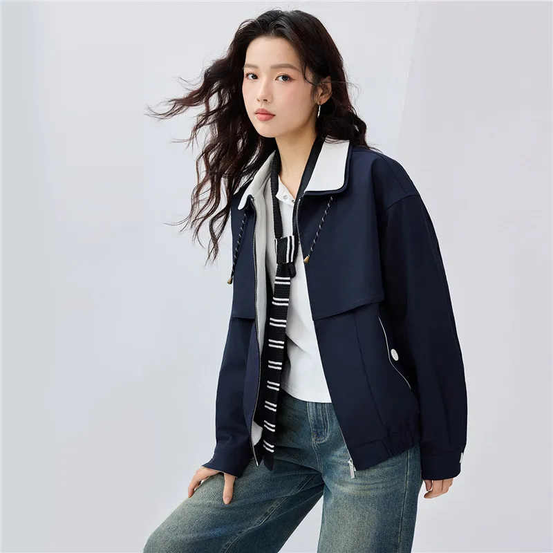 UNIQLO Trench Coat Women's Dark Blue & Beige Apricot-6