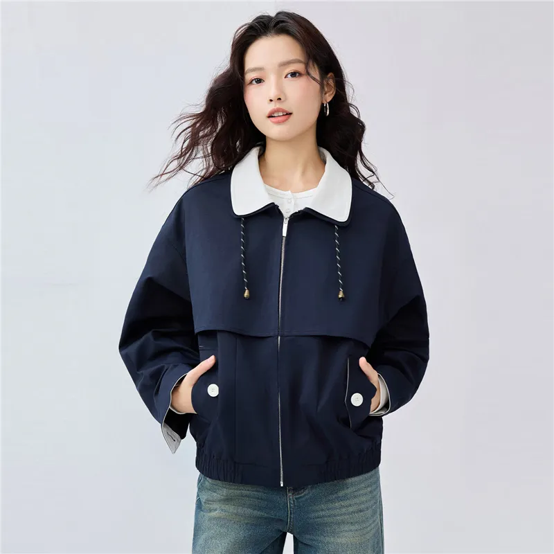 UNIQLO Trench Coat Women's Dark Blue & Beige Apricot-5