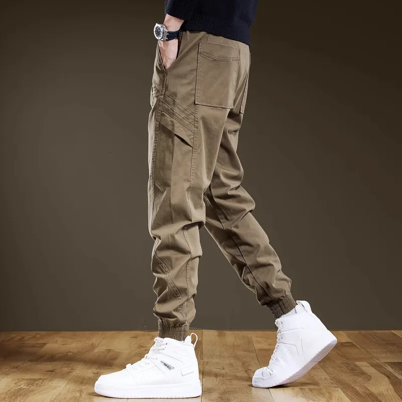 PRPK Spring Fall Cargo Pants Loose Girdles Unisex Khaki-5