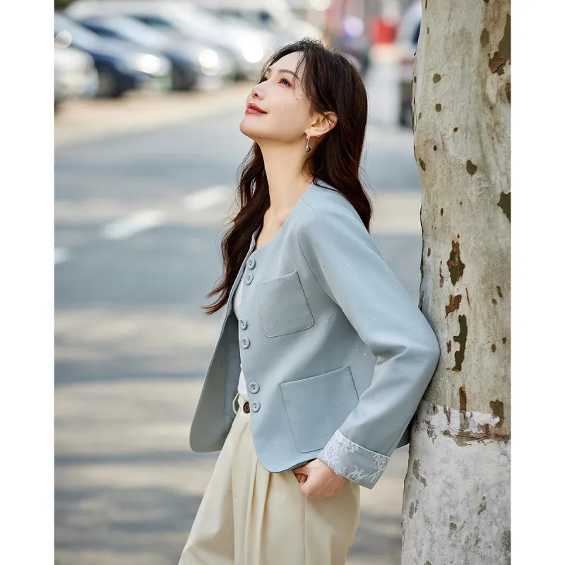 TERRE BLEUE Spring, Fall Cropped Coat Loose Fit Women's-11