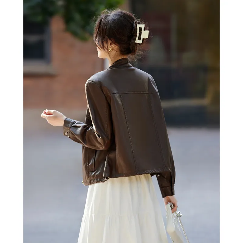 TERRE BLEUE Spring Fall Leather Jacket Loose Fit Women's-14