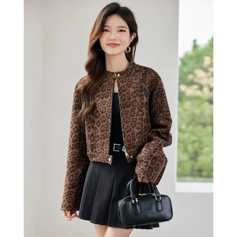 TERRE BLEUE Cropped Coats Women's Leopard Print-7