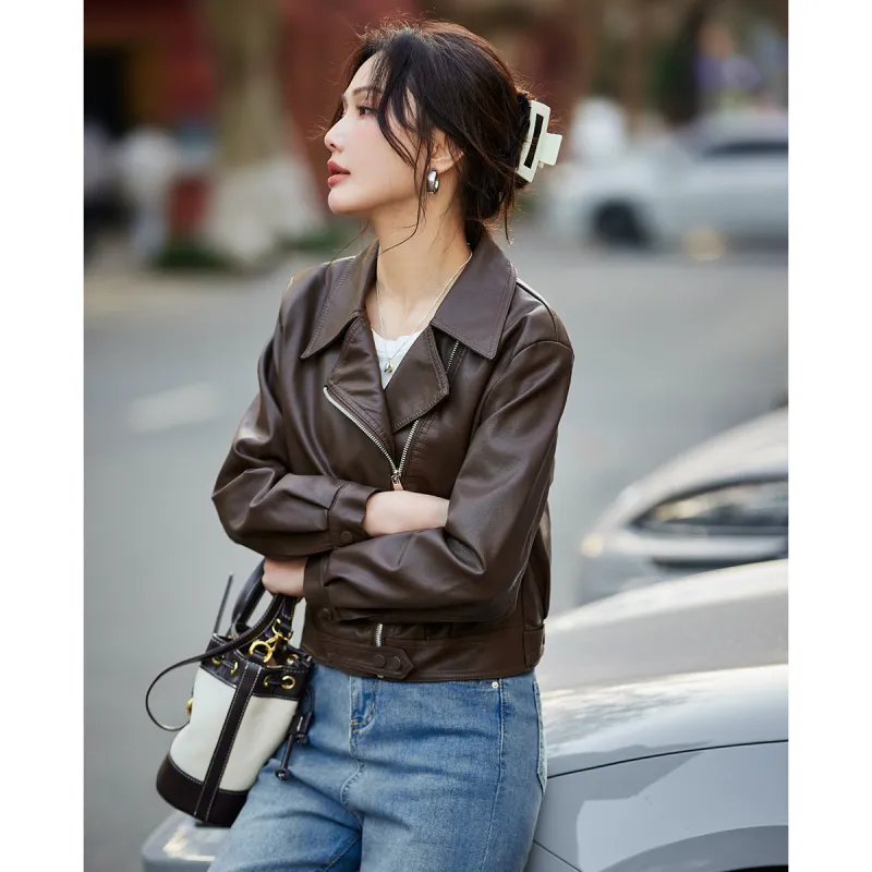 TERRE BLEUE Spring Fall Leather Jacket Loose Fit Women's-7