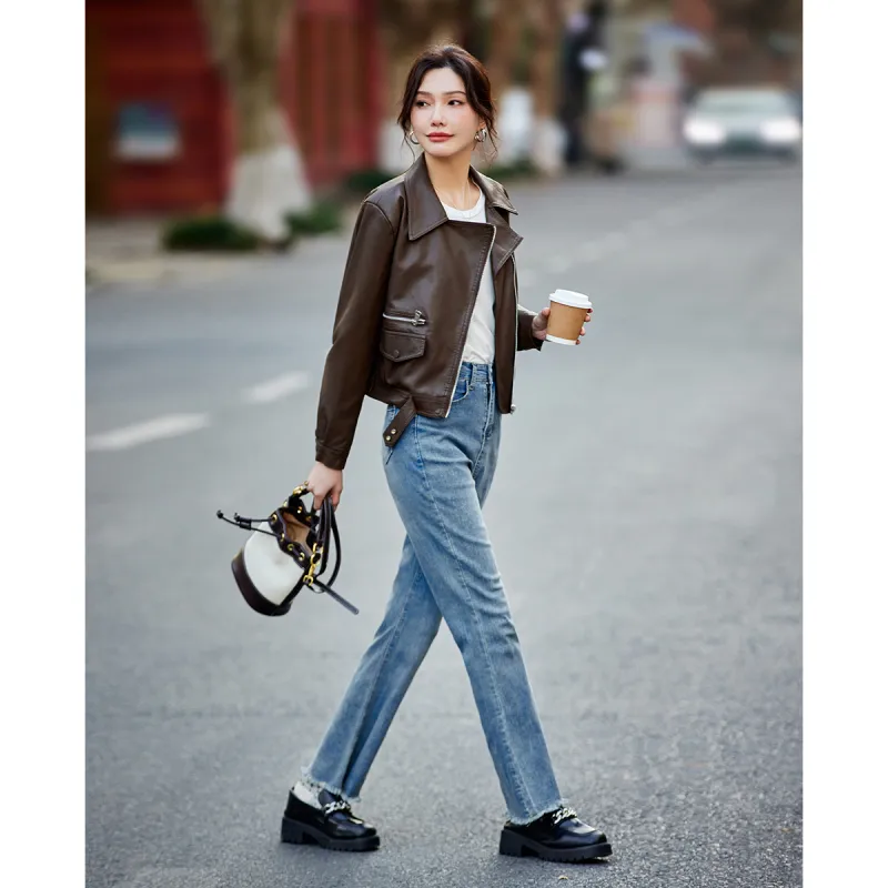 TERRE BLEUE Spring Fall Leather Jacket Loose Fit Women's-6