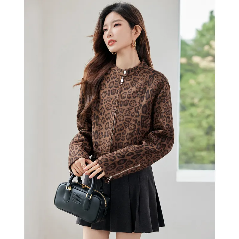 TERRE BLEUE Cropped Coats Women's Leopard Print-4