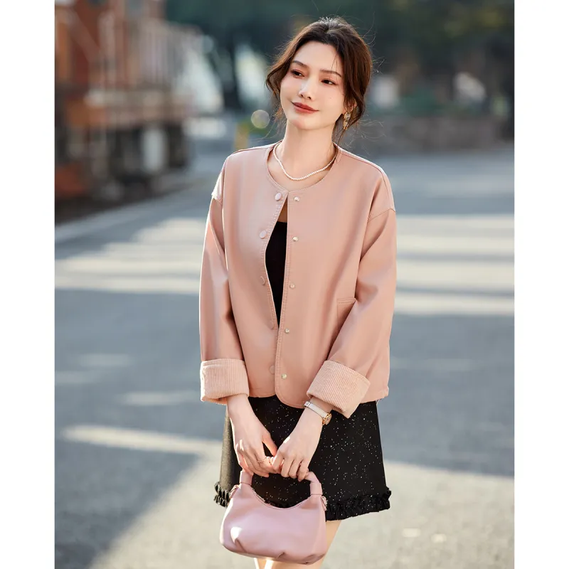 TERRE BLEUE Spring, Fall Leather Jacket Loose Fit Women's-16