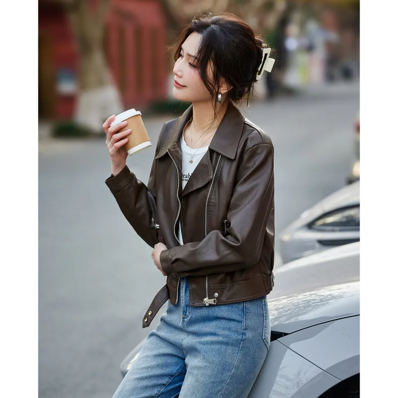 TERRE BLEUE Spring Fall Leather Jacket Loose Fit Women's-9