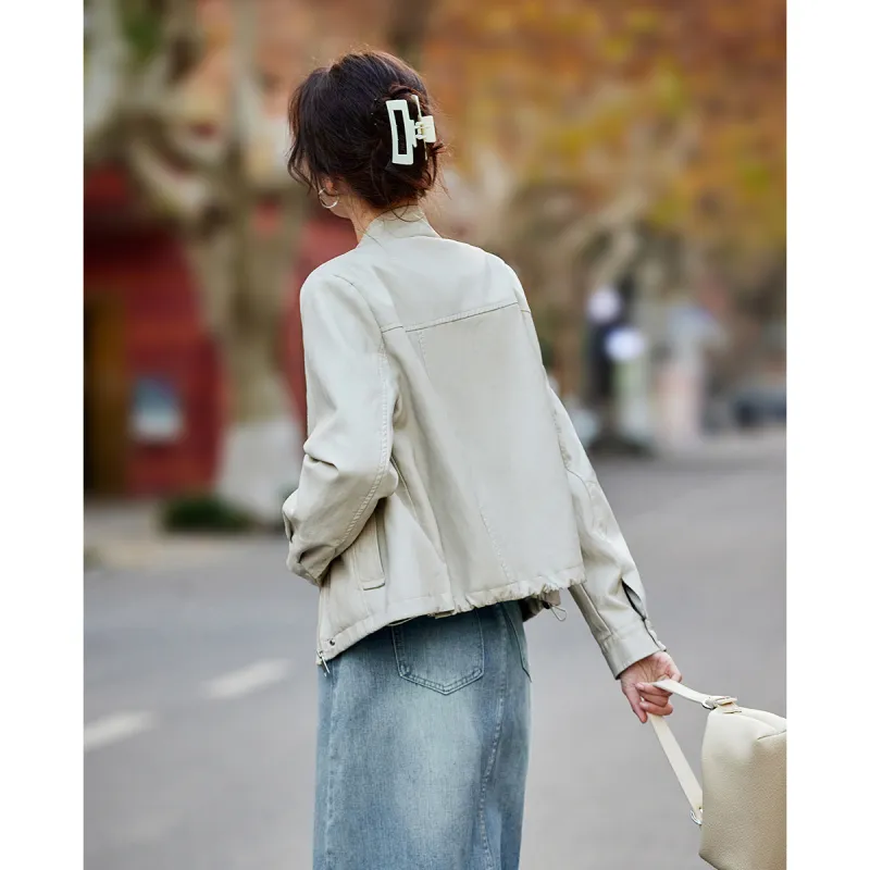 TERRE BLEUE Spring Fall Leather Jacket Loose Fit Women's-10