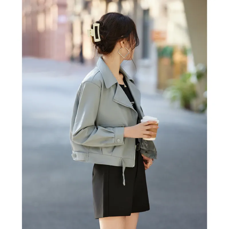 TERRE BLEUE Spring Fall Leather Jacket Loose Fit Women's-12
