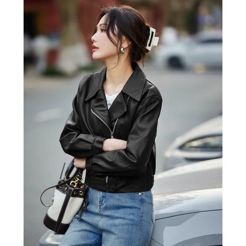 TERRE BLEUE Spring Fall Leather Jacket Loose Fit Women's-3