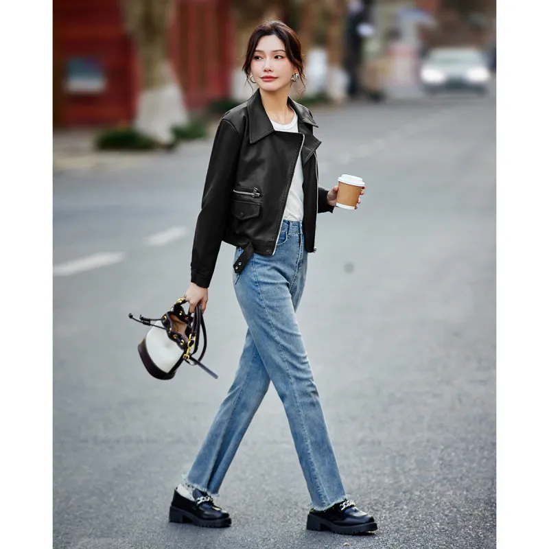 TERRE BLEUE Spring Fall Leather Jacket Loose Fit Women's-2