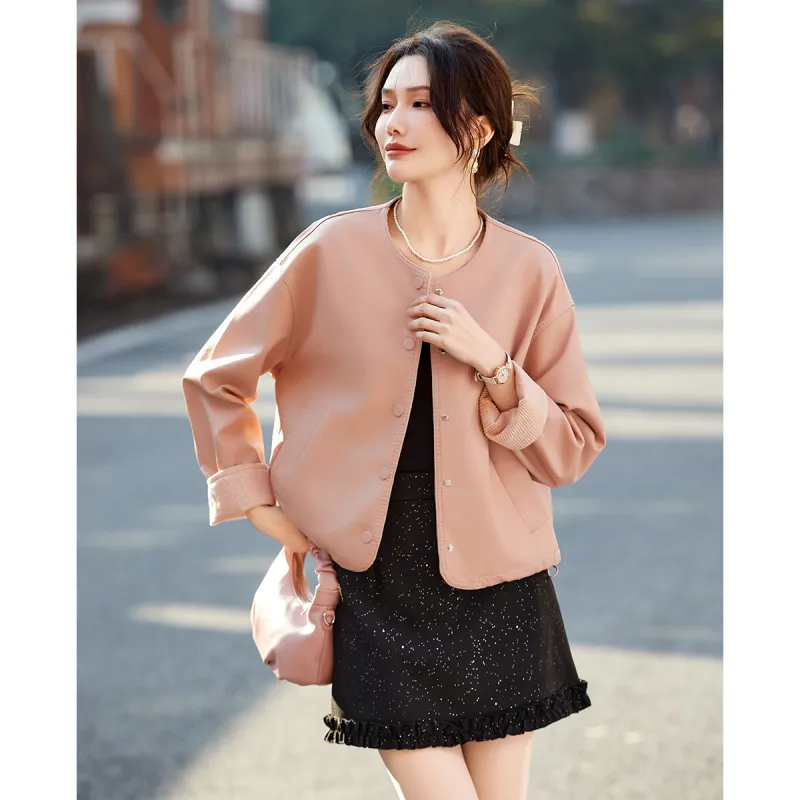 TERRE BLEUE Spring, Fall Leather Jacket Loose Fit Women's-14