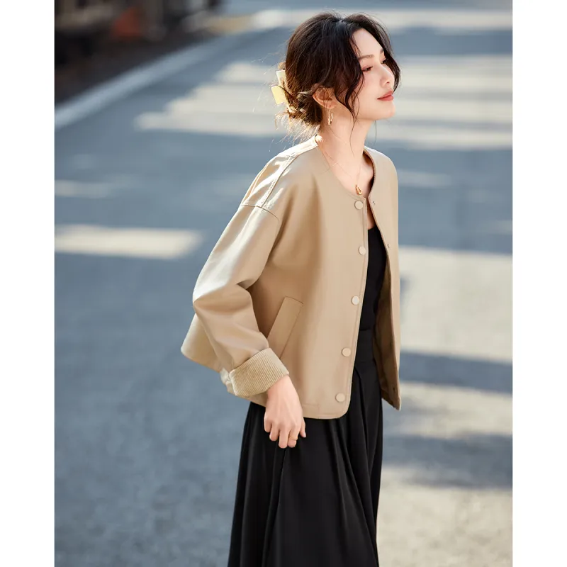 TERRE BLEUE Spring, Fall Leather Jacket Loose Fit Women's-12
