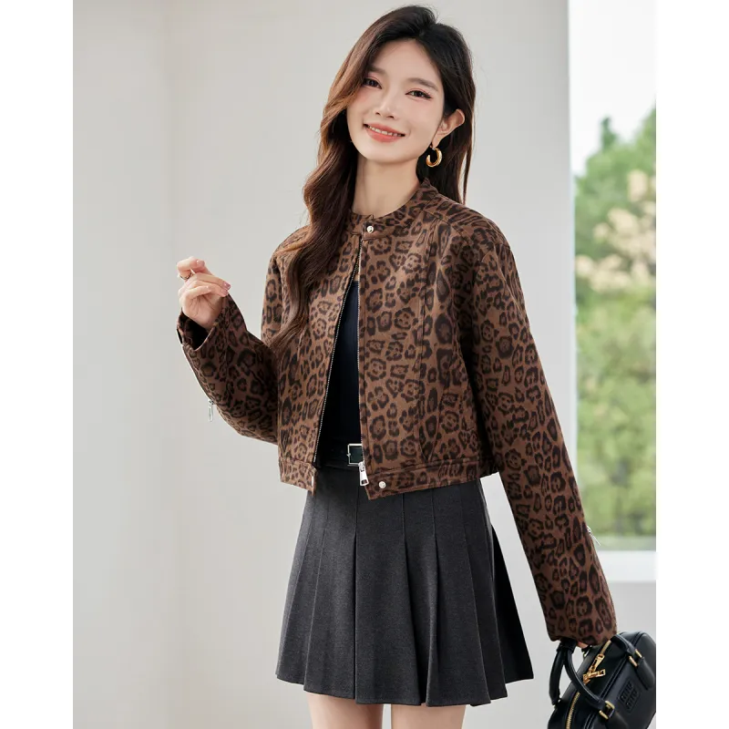 TERRE BLEUE Cropped Coats Women's Leopard Print-5
