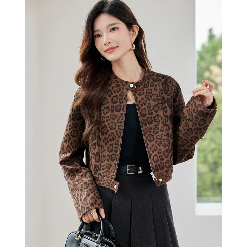 TERRE BLEUE Cropped Coats Women's Leopard Print-3