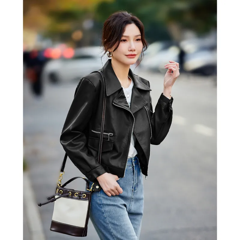 TERRE BLEUE Spring Fall Leather Jacket Loose Fit Women's-1