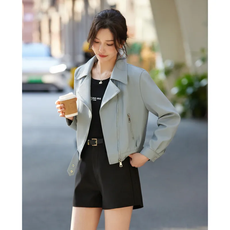 TERRE BLEUE Spring Fall Leather Jacket Loose Fit Women's-13