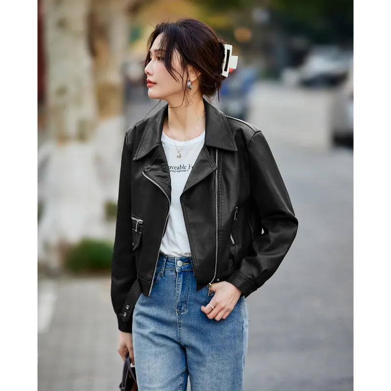 TERRE BLEUE Spring Fall Leather Jacket Loose Fit Women's-4
