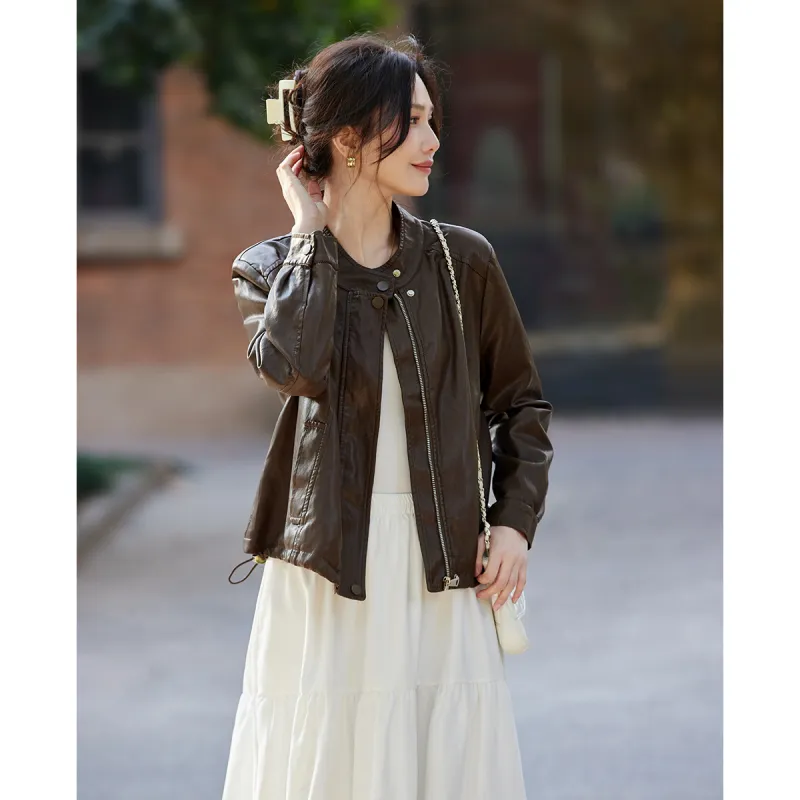 TERRE BLEUE Spring Fall Leather Jacket Loose Fit Women's-13