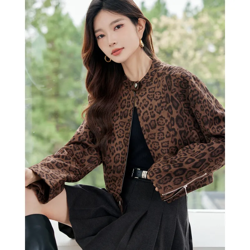 TERRE BLEUE Cropped Coats Women's Leopard Print-6