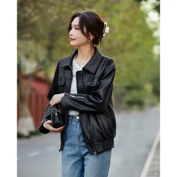 TERRE BLEUE Spring Fall Leather Jacket Loose Fit Women's