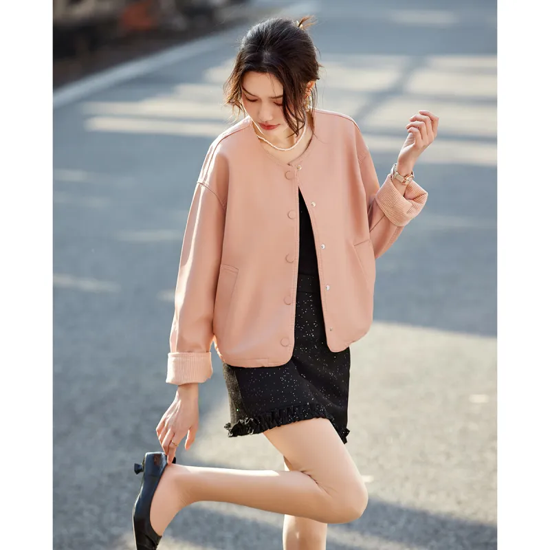 TERRE BLEUE Spring, Fall Leather Jacket Loose Fit Women's-17
