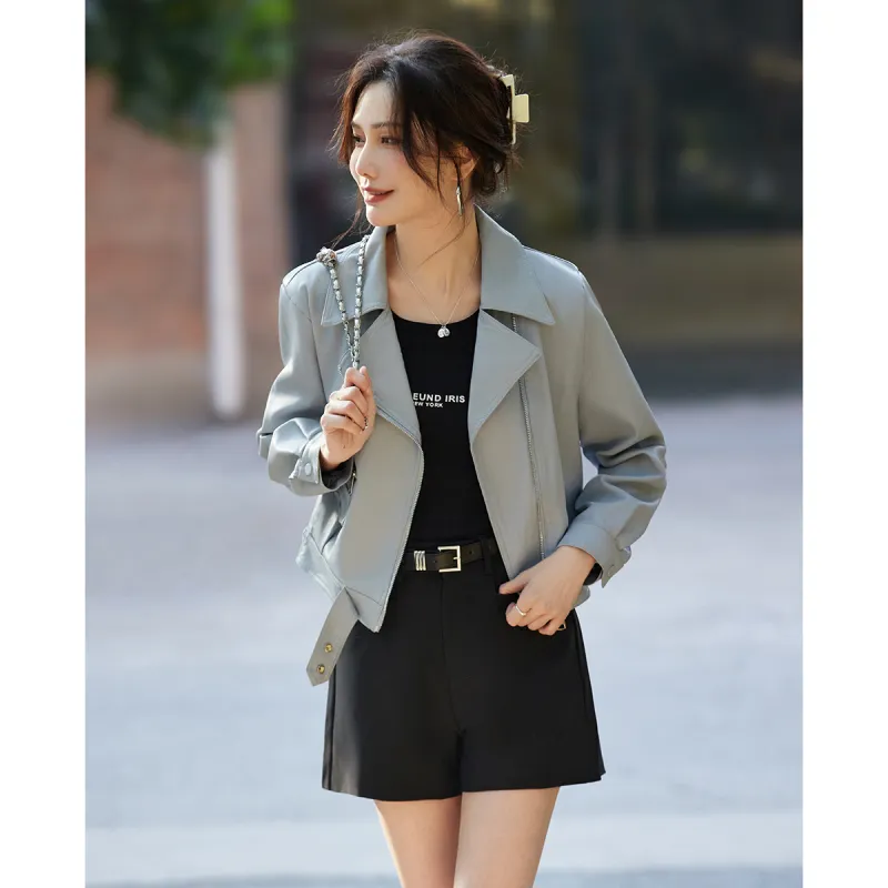 TERRE BLEUE Spring Fall Leather Jacket Loose Fit Women's-11