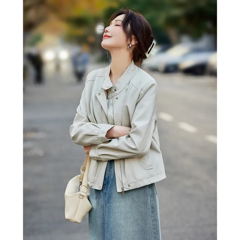 TERRE BLEUE Spring Fall Leather Jacket Loose Fit Women's-7