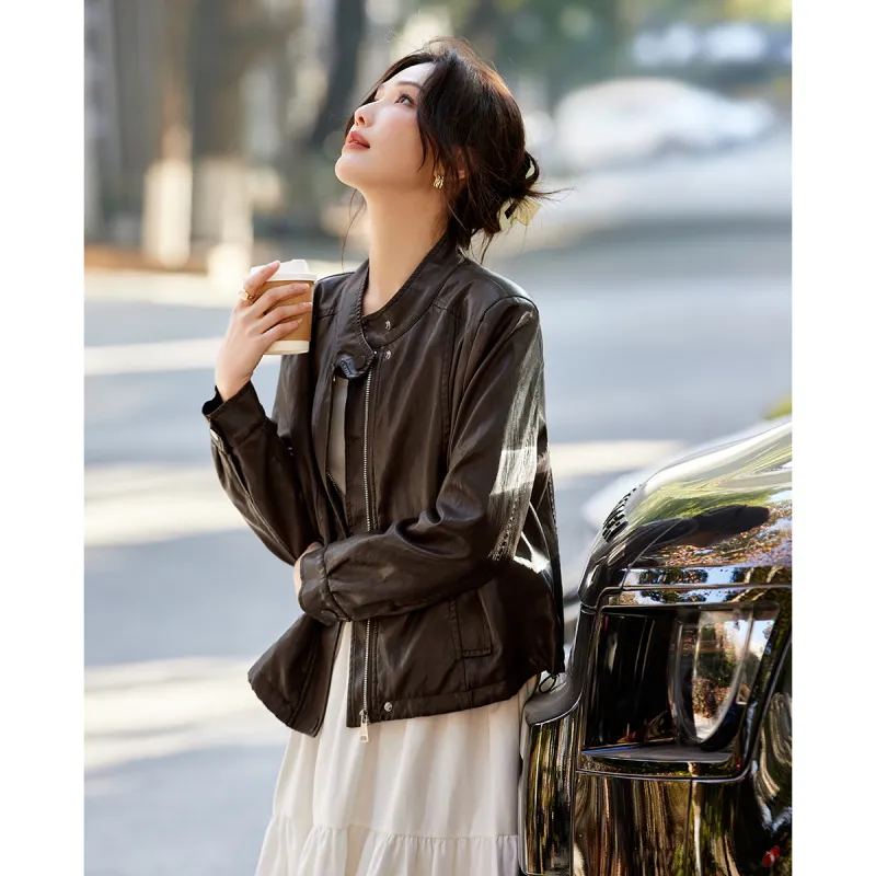 TERRE BLEUE Spring Fall Leather Jacket Loose Fit Women's-12