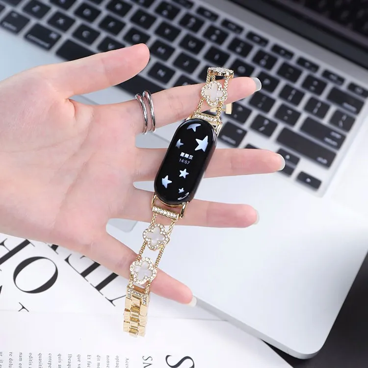 QIAOMISHI Rhinestone Embellished Four Leaf Clover White Shell Xiaomi Compatibility Watch Band Chanel Inspired Metal-9