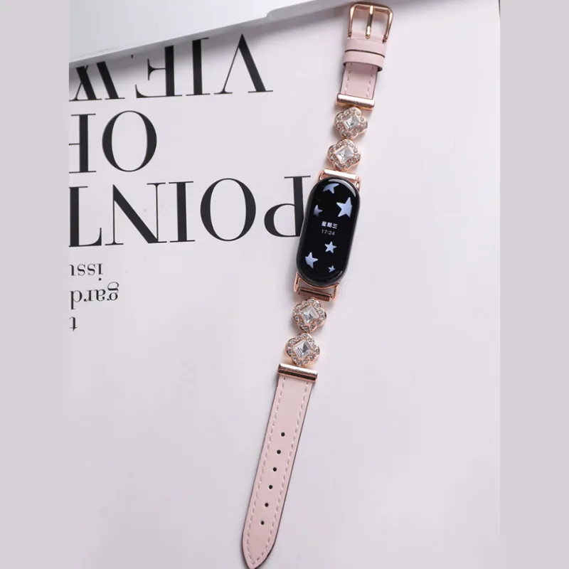 QIAOMISHI Four Leaf Clover Plush Xiaomi Compatibility Watch Band Elegant Cowhide Leather Material-5