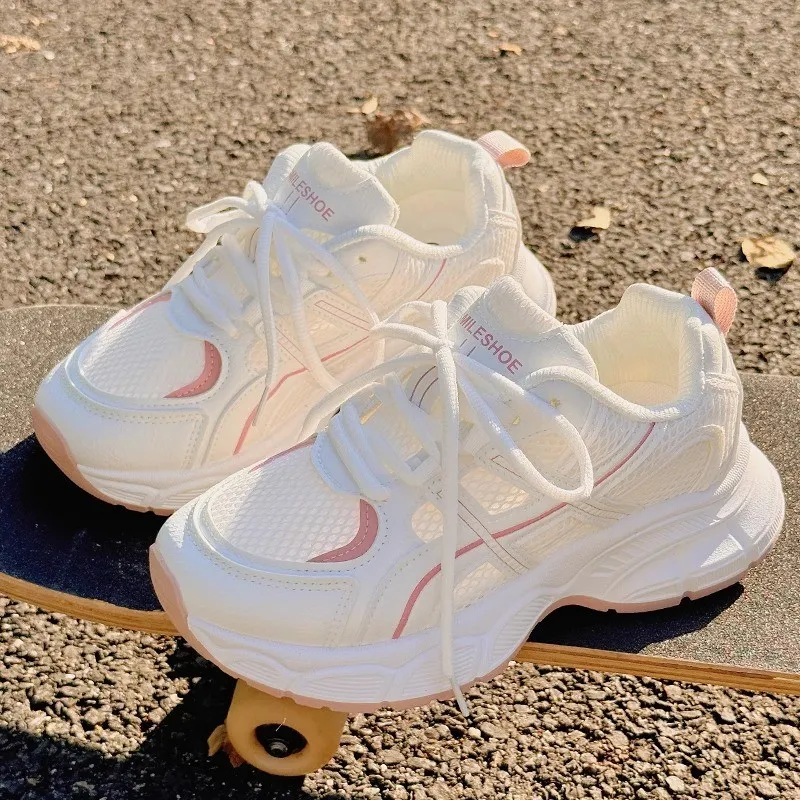Alxnan Low Top Chunky Sneakers Women's White Pink-3
