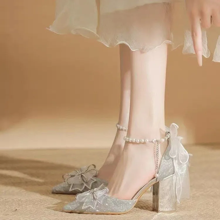 Alxnan Chunky Heel High Heels Women's Silver-4