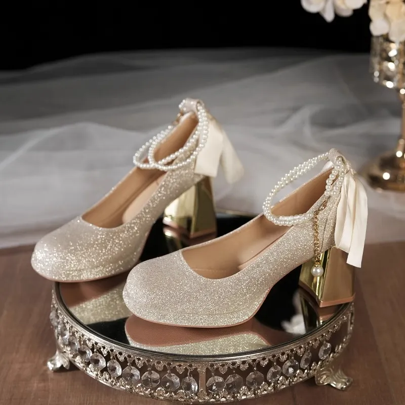 Alxnan Chunky Heel High Heels Women's Champagne-1