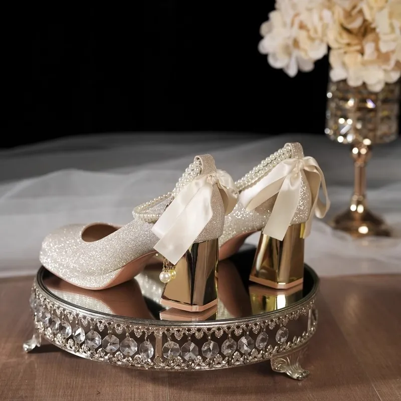 Alxnan Chunky Heel High Heels Women's Champagne-2