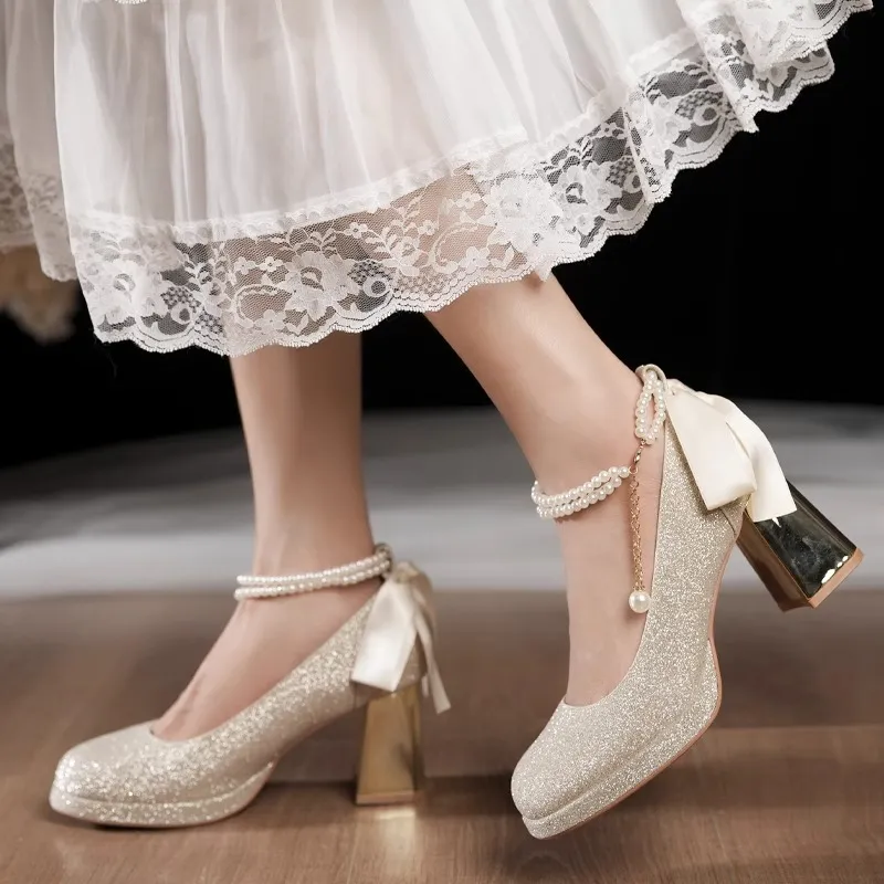 Alxnan Chunky Heel High Heels Women's Champagne-4