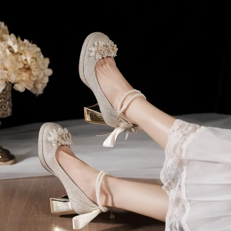 Alxnan Chunky Heel High Heels Women's Champagne-4
