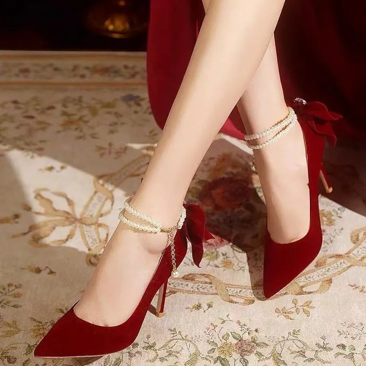 Alxnan Slim Heel High Heels Women's Burgundy-3