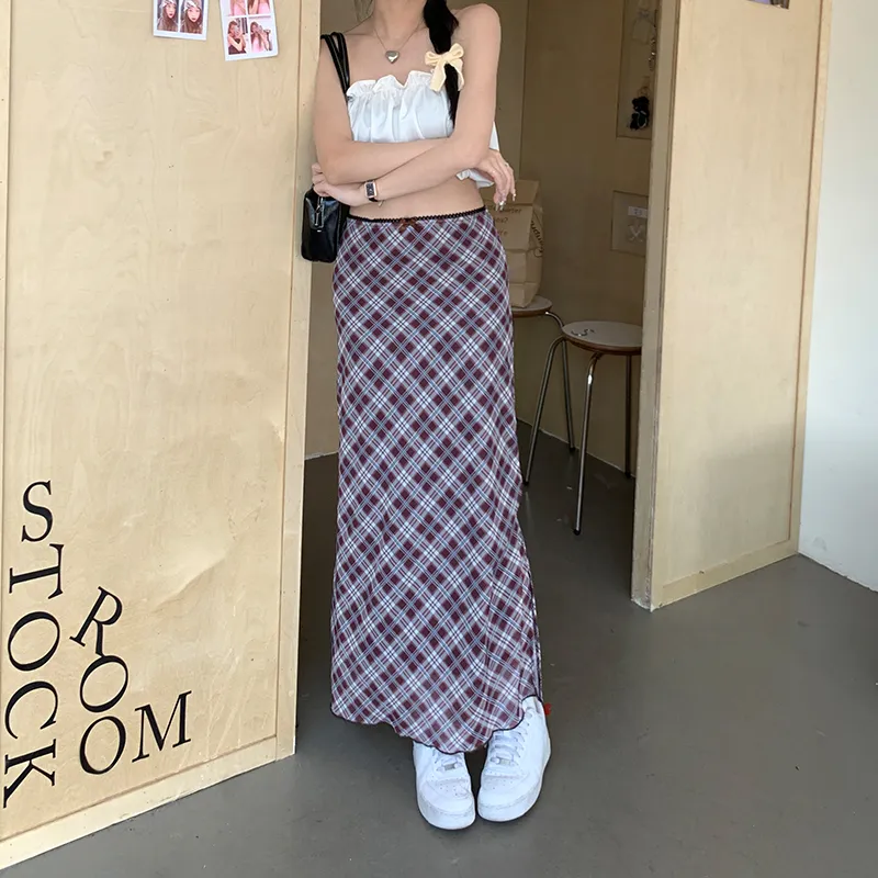 FHMY Casual Long Skirts Women's Blue And Green Plaid-4