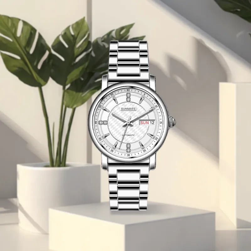 SUNMATE Mechanical Movement Steel Strap Watch Unisex White Dial-2