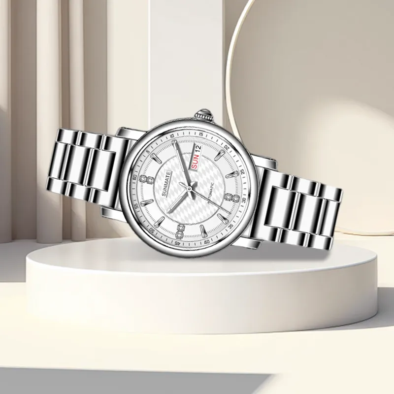 SUNMATE Mechanical Movement Steel Strap Watch Unisex White Dial-1