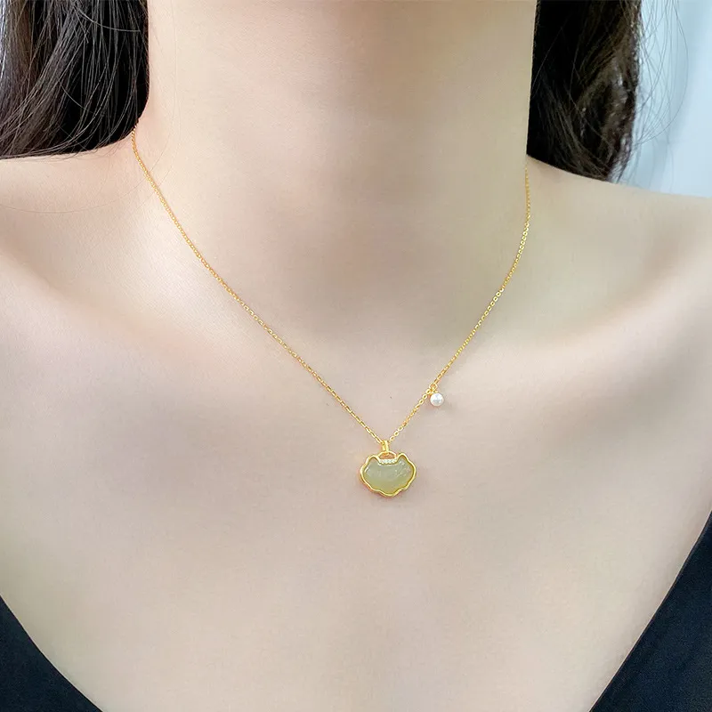 Andaozi Natural Hetian Jade Necklace Pale Greenish White Jade Unisex-4