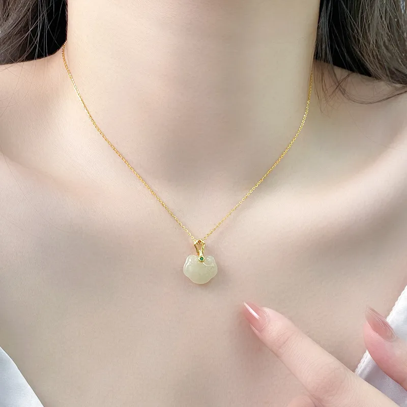 Andaozi Natural Hetian Jade Necklace Pale Greenish White Jade Unisex-4