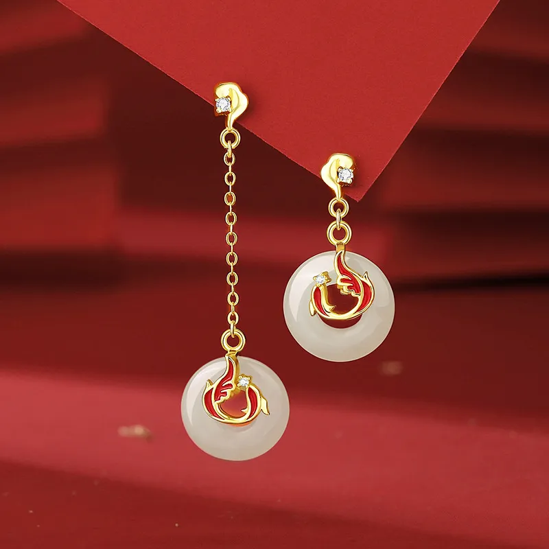 Andaozi Hetian Jade Earrings Pale Greenish White Jade Women's-3
