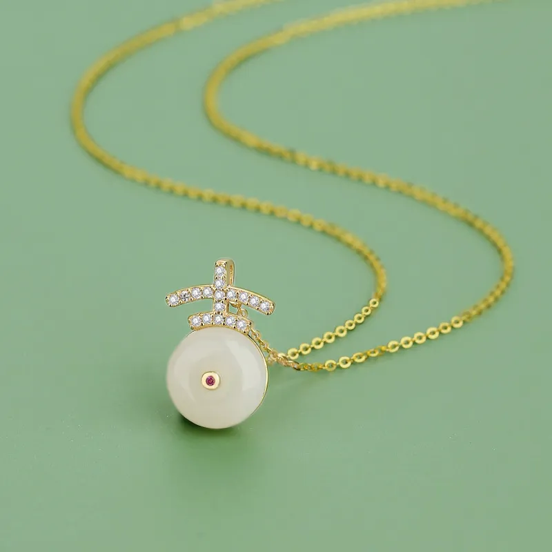 Andaozi Natural Hetian Jade Necklace Pale Greenish White Jade Unisex-5