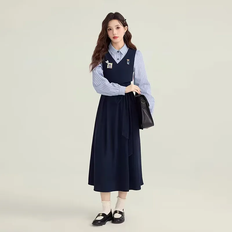 ECNR Long Sleeved Dress Women's Dark Blue-3